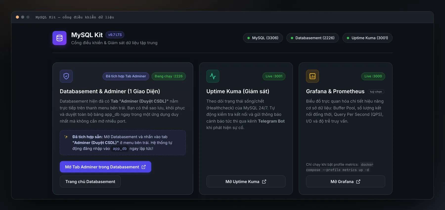 Cổng điều khiển hạ tầng: MySQL, Databasement, giám sát Uptime Kuma và Grafana trong một màn hình.
